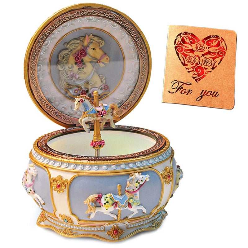 Briskfeel Classical Carousel Horse Music Box LED lights Twinkling Resin Carved Collectible Mechanical Musical Box with Sankyo 18-Note Horse Rotates with Music - Image 1